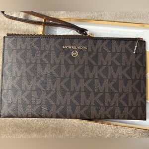 Michael Kors Brown Logo Zip Wristlet with Gold Hardware